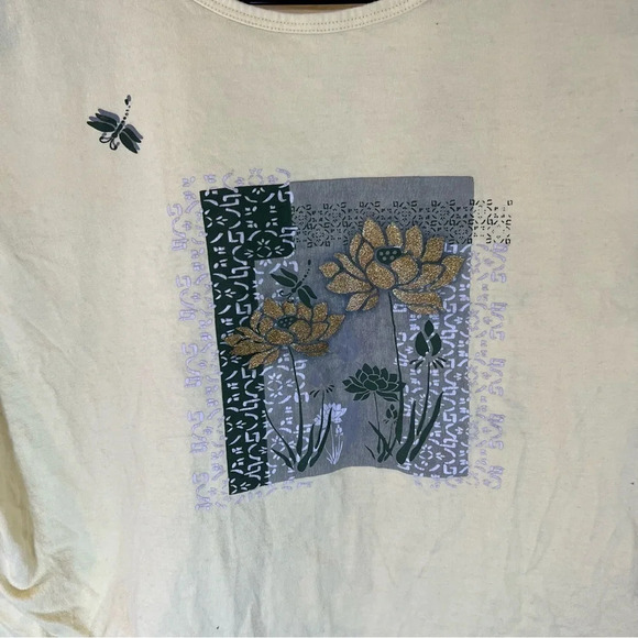 Basic Editions Yellow Short Sleeve T Shirt 2X Graphic Dragonfly Glitter Flowers - Picture 5 of 7